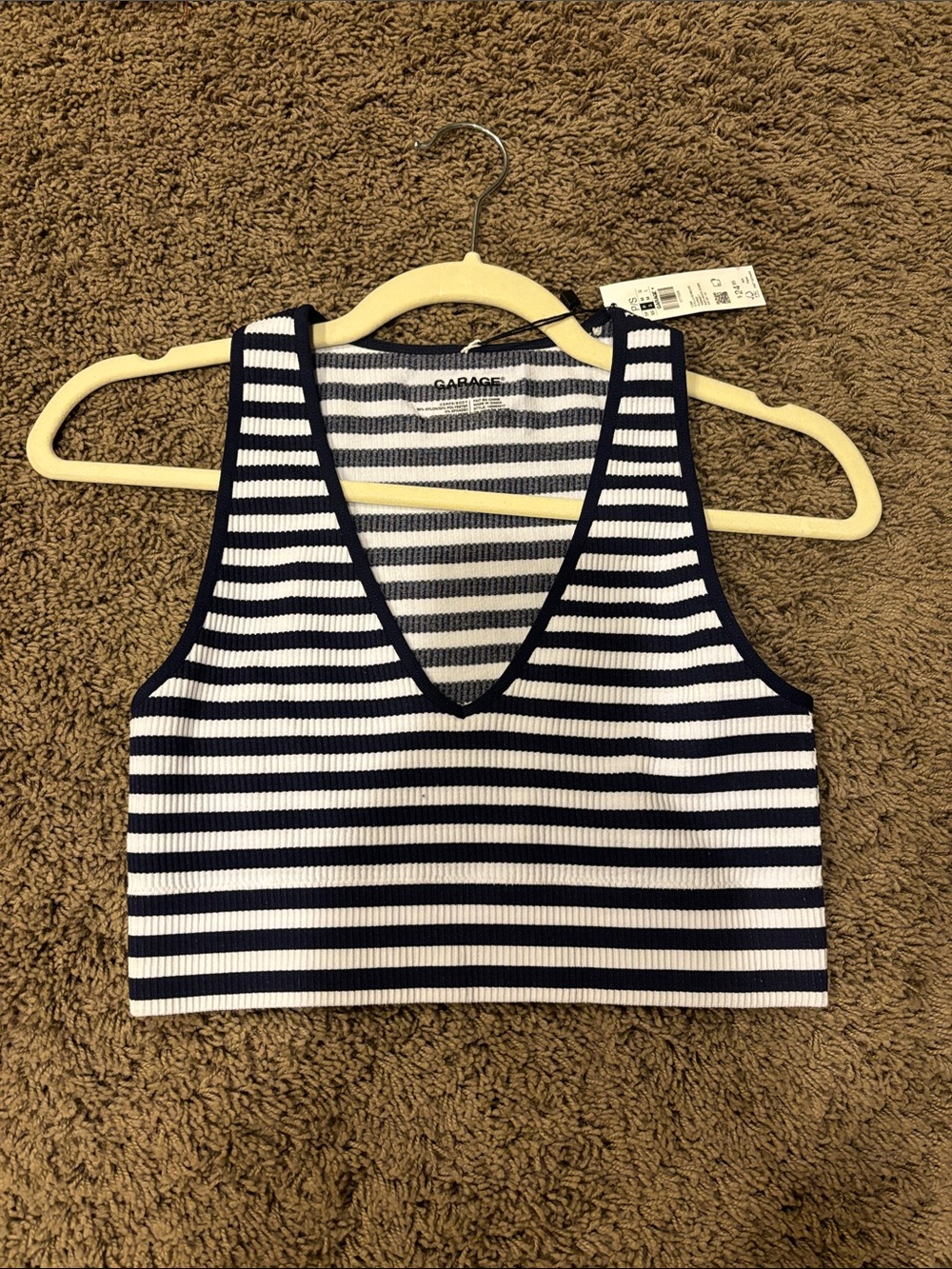 Garage Navy & White Striped V-Neck Ribbed Crop Top